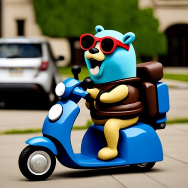 Go Blue Gopher driving a mobility scooter eating burgers.
