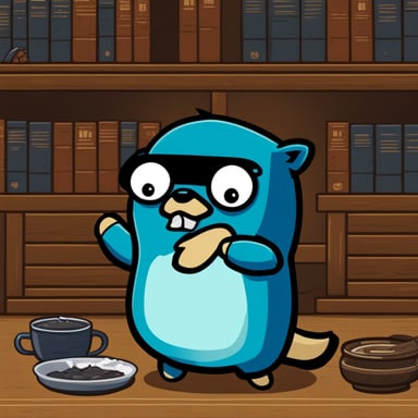 Go Blue Gopher, designed in 2D, features the default body color with an angry expression. It's seen programming at a desktop, distinctively sporting 4 Naruto-style Kyuubi tails against a default background.