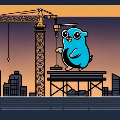 Create a Go Blue Gopher scaling a tower crane while that crane is lifting the Golang logo.