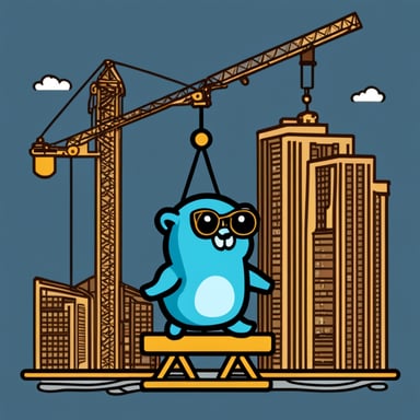 Create a Go Blue Gopher scaling a tower crane while that crane is lifting the Golang logo.