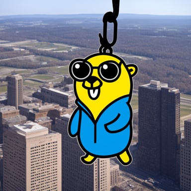 Go Blue Gopher hanging from the hook of a tower crane