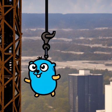 Go Blue Gopher hanging from the hook of a tower crane