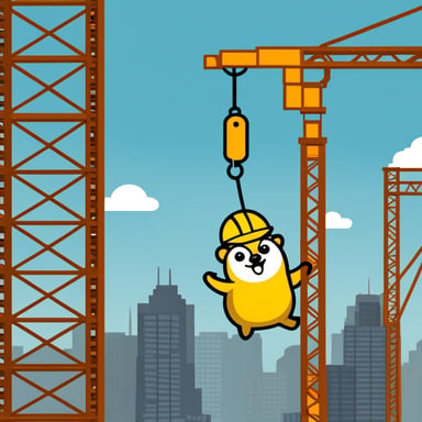 Draw Go Blue Gopher hanging from the hook of a tower crane, wearing a hard hat, and looking happy.