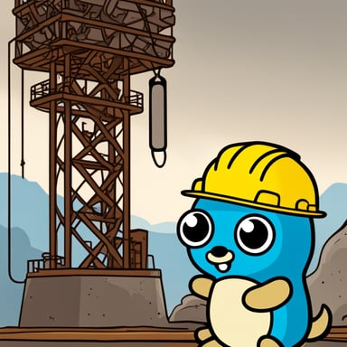 Draw Go Blue Gopher hanging from the hook of a tower crane, wearing a hard hat, and looking happy.