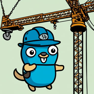 Draw Go Blue Gopher hanging from the hook of a tower crane, wearing a hard hat, and looking happy.