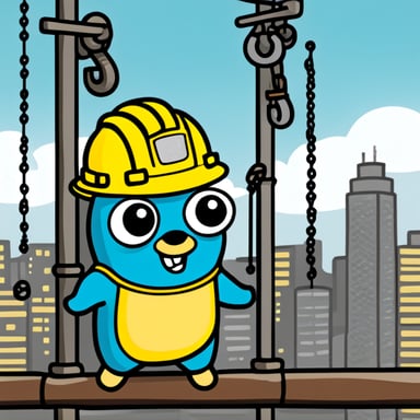 Draw Go Blue Gopher hanging from the hook of a tower crane, wearing a hard hat, and looking happy.