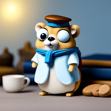 Go Blue Gopher as Socrates the Hamster in a white tunic thinking about something