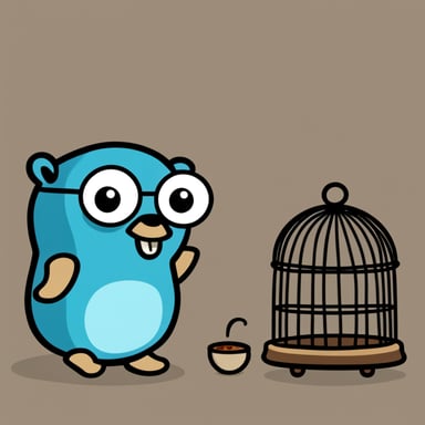 A go blue gopher standing next to a bird cage. In the cage, there is a small creature that has JAVA written on it.