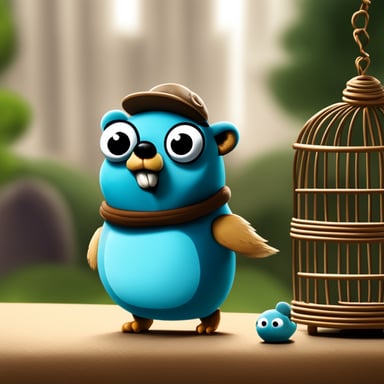 A go blue gopher standing next to a bird cage. In the cage, there is a small creature that has JAVA written on it.