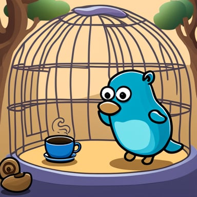 A go blue gopher standing next to a bird cage. In the cage, there is a small creature that has JAVA written on it.