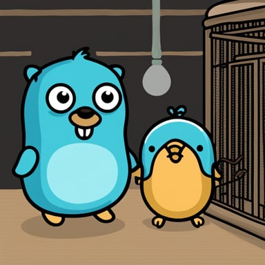 A go blue gopher standing next to a bird cage. In the cage, there is a small creature that has JAVA written on it.