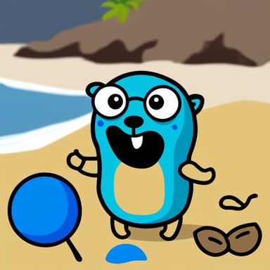 Go Blue Gopher on the beach, feeling happy.