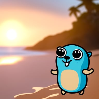 Go Blue Gopher on the beach, feeling happy.