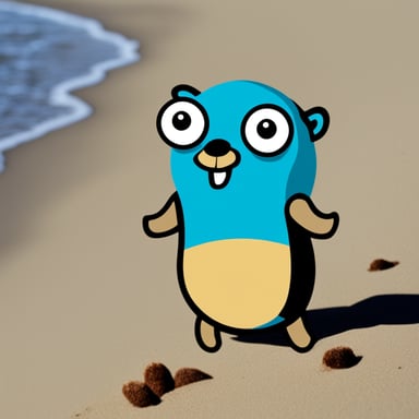Go Blue Gopher on the beach, feeling happy.