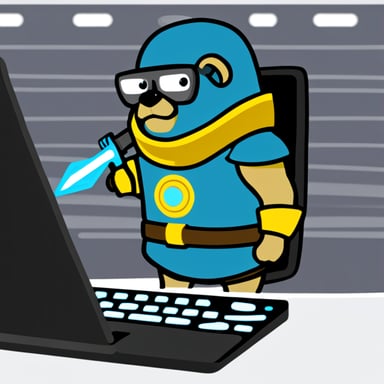 Go Blue Gopher at work with a computer keyboard, wearing a titan warrior helmet and a sword on his back.