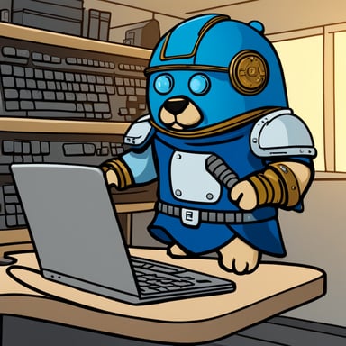 Go Blue Gopher at work with a computer keyboard, wearing a titan warrior helmet and a sword on his back.
