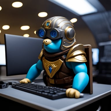 Go Blue Gopher at work with a computer keyboard, wearing a titan warrior helmet and a sword on his back.