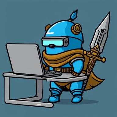 Go Blue Gopher at work with a computer keyboard, wearing a titan warrior helmet and a sword on his back.