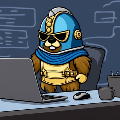 Go Blue Gopher at work with a computer keyboard, wearing a Roman helmet styled like a Titan warrior from mythology.