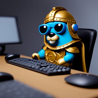 Go Blue Gopher at work with a computer keyboard, wearing a Roman helmet styled like a Titan warrior from mythology.