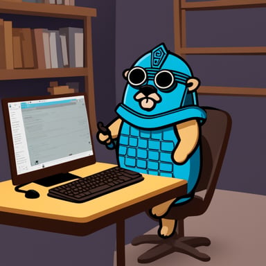 Go Blue Gopher at work with a computer keyboard, wearing a Roman helmet styled like a Titan warrior from mythology.