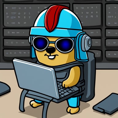 Go Blue Gopher at work with a computer keyboard, wearing a Roman helmet styled like a Titan warrior from mythology.