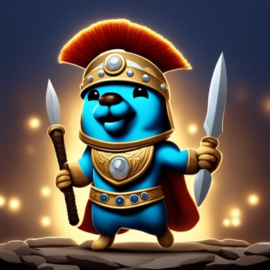 Happy go blue gopher, with a Roman helmet styled like a Titan warrior from mythology.