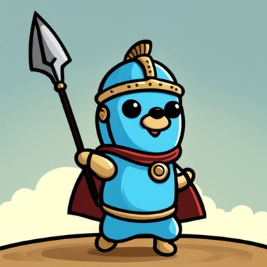 Happy go blue gopher, with a Roman helmet styled like a Titan warrior from mythology.