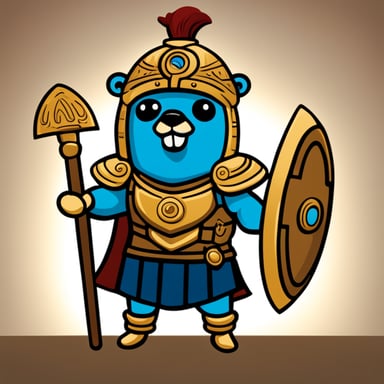 Happy go blue gopher, with a Roman helmet styled like a Titan warrior from mythology.