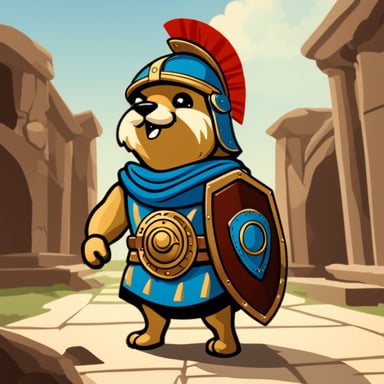 Go Blue Gopher, donning a Roman helmet, embodies the spirit of a Titan warrior from mythology.