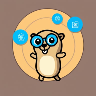 Go Blue Gopher is juggling small documents, standing between two circles titled API, with a simple vector-graphic background.