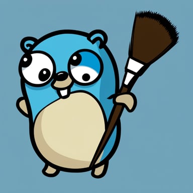 Create a Go Blue Gopher in the style of Golang's mascot. It should be holding a Japanese-style brush in its hand with white paint on the tip. There should be a paint spot on the ground, as if the brush has been dripping. The Go Blue Gopher should have a frowning expression, a mustache, and a goatee in the style of Francisco de Quevedo, along with Quevedo-style glasses. The image should be in PNG format with a transparent background, following the classic Golang Gopher drawing style.