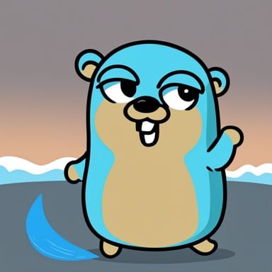 Create a Go Blue Gopher in the style of Golang's mascot. It should be holding a Japanese-style brush in its hand with white paint on the tip. There should be a paint spot on the ground, as if the brush has been dripping. The Go Blue Gopher should have a frowning expression, a mustache, and a goatee in the style of Francisco de Quevedo, along with Quevedo-style glasses. The image should be in PNG format with a transparent background, following the classic Golang Gopher drawing style.