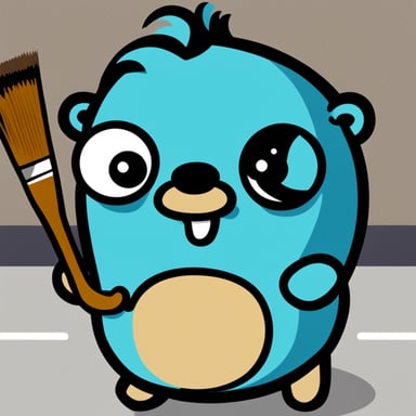 Create a Go Blue Gopher in the style of Golang's mascot. It should be holding a Japanese-style brush in its hand with white paint on the tip. There should be a paint spot on the ground, as if the brush has been dripping. The Go Blue Gopher should have a frowning expression, a mustache, and a goatee in the style of Francisco de Quevedo, along with Quevedo-style glasses. The image should be in PNG format with a transparent background, following the classic Golang Gopher drawing style.