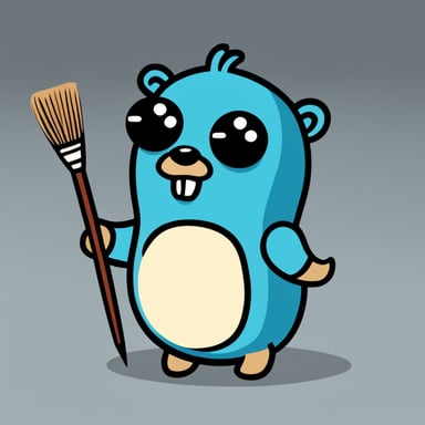 Create a Go Blue Gopher in the style of Golang's mascot. It should be holding a Japanese-style brush in its hand with white paint on the tip. There should be a paint spot on the ground, as if the brush has been dripping. The Go Blue Gopher should have a frowning expression, a mustache, and a goatee in the style of Francisco de Quevedo, along with Quevedo-style glasses. The image should be in PNG format with a transparent background, following the classic Golang Gopher drawing style.