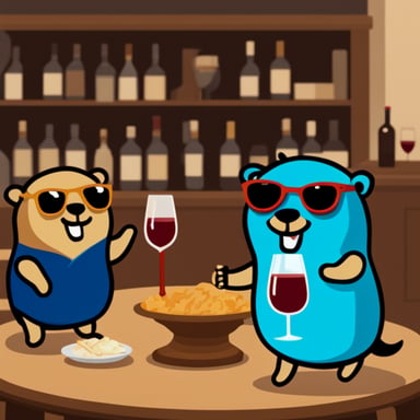 Happy Go Blue Gopher drinking wine with friends.