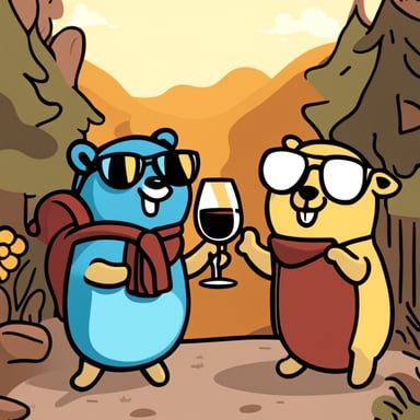 Happy Go Blue Gopher drinking wine with friends.