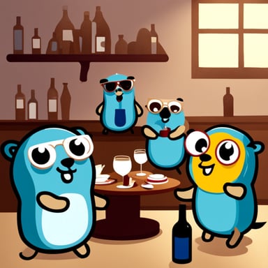 Happy Go Blue Gopher drinking wine with friends.