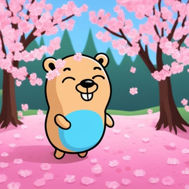Happy Go Blue Gopher enjoying spring time with cherry blossoms.