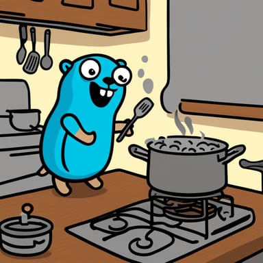 Happy go blue gopher cooking a nice meal.
