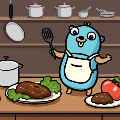 Happy go blue gopher cooking a nice meal.