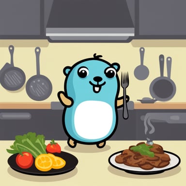 Happy go blue gopher cooking a nice meal.