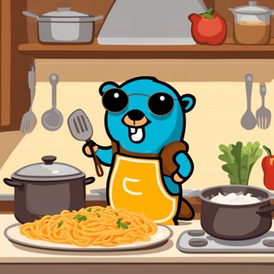 Happy go blue gopher cooking a nice meal.