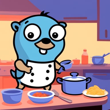 Happy Go Blue Gopher cooking a nice meal.