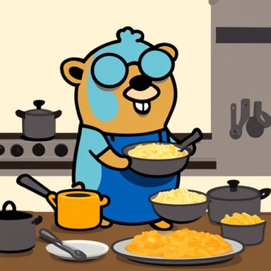 Happy Go Blue Gopher cooking a nice meal.