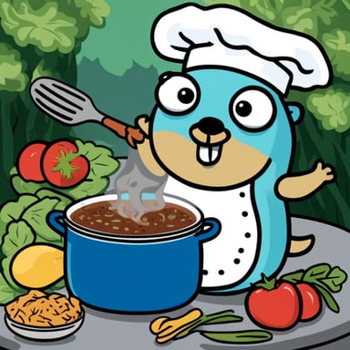 Happy Go Blue Gopher cooking a nice meal.