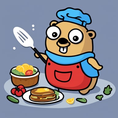 Happy Go Blue Gopher cooking a nice meal.