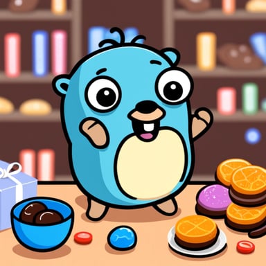 Happy go blue gopher eating chocolate