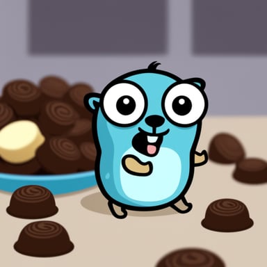 Happy go blue gopher eating chocolate