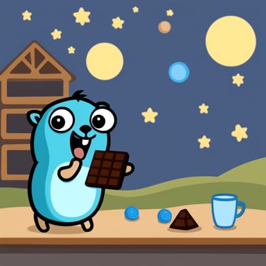 Happy go blue gopher eating chocolate